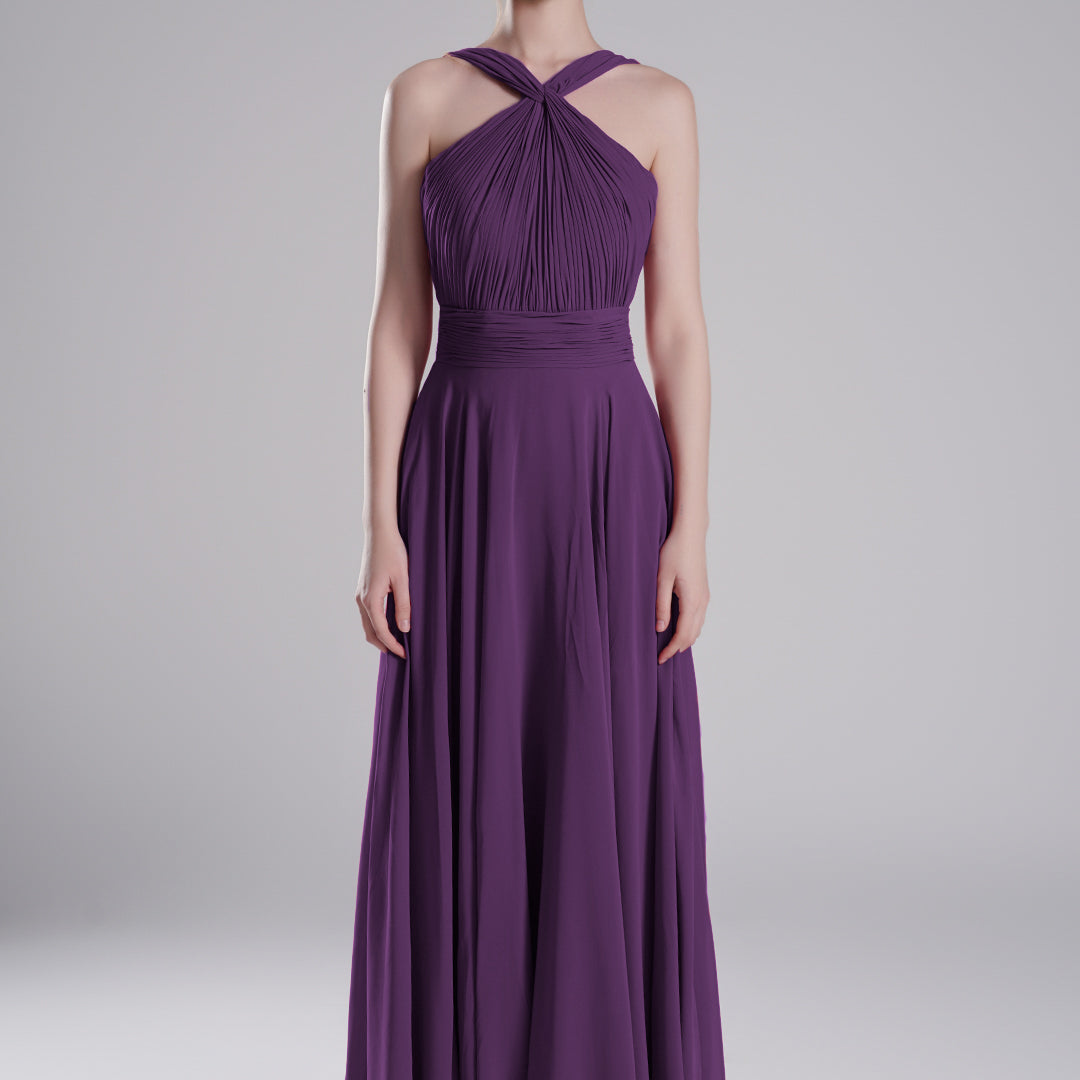 Halter Neck Cross Straps Pleated Waist A-Line Dresses