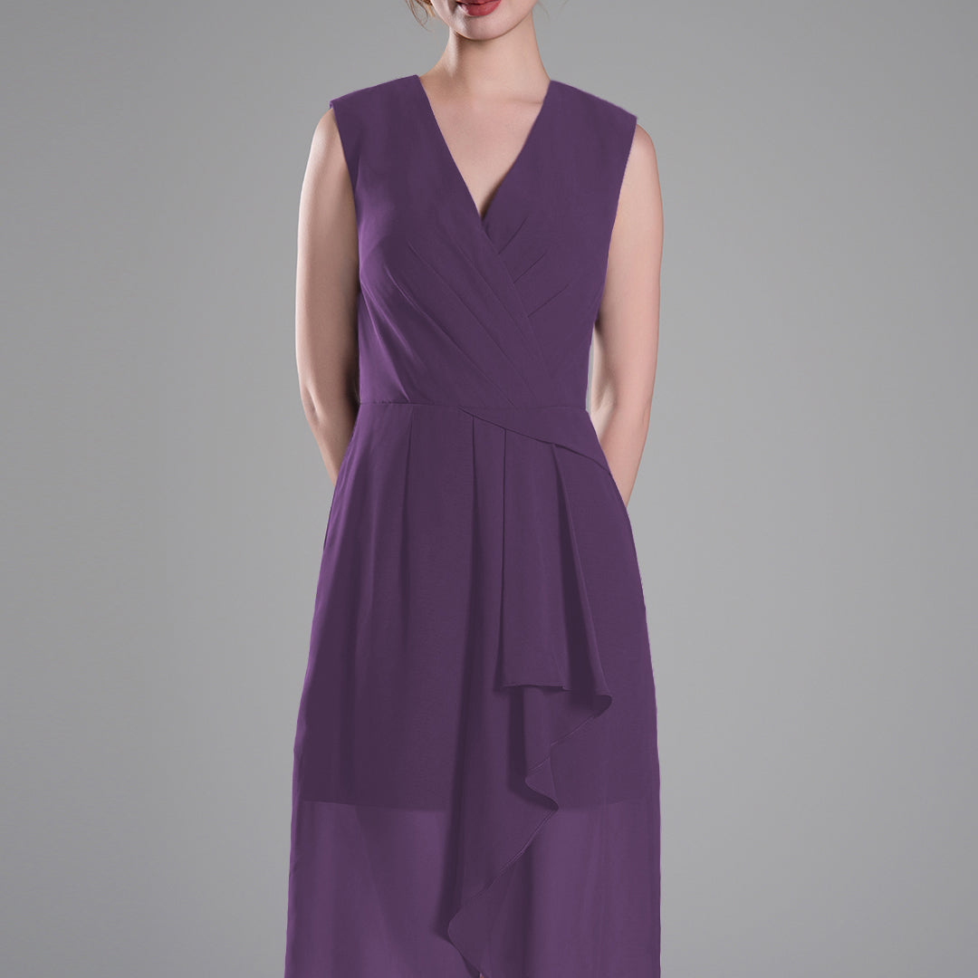 Sophisticated PleatedV-Neck Flared Hem Dress