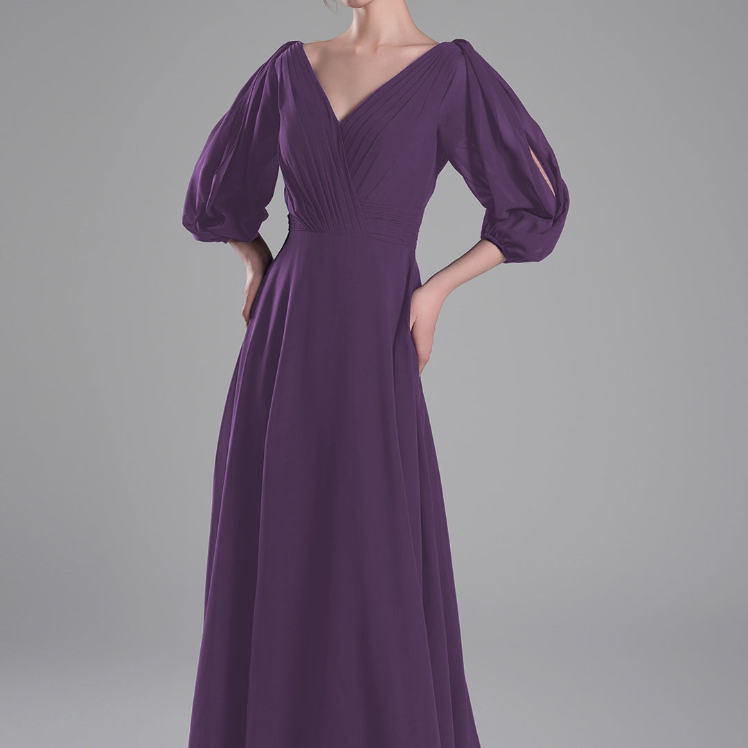 V-Neck Puffy Sleeves Pleated A-Line Dresses