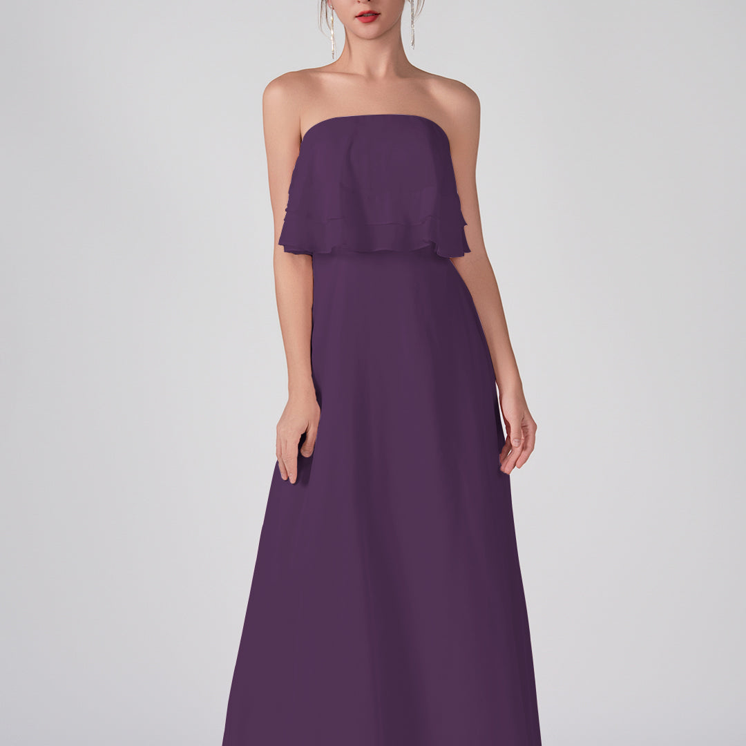 Robe trapèze en mousseline de soie sans bretelles à volants, longueur au sol