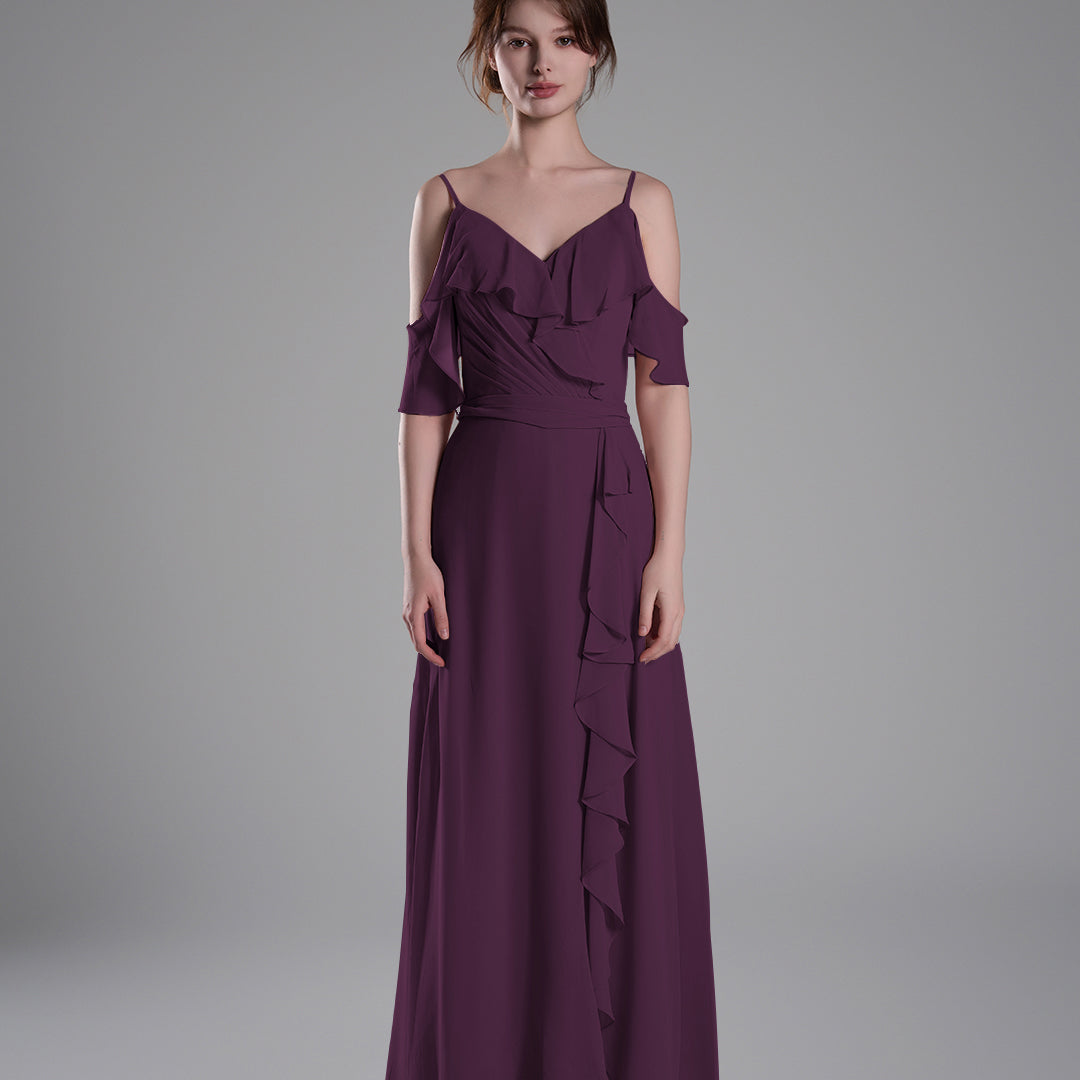 Adjustable Straps Ruffled Chiffon Long Dresses