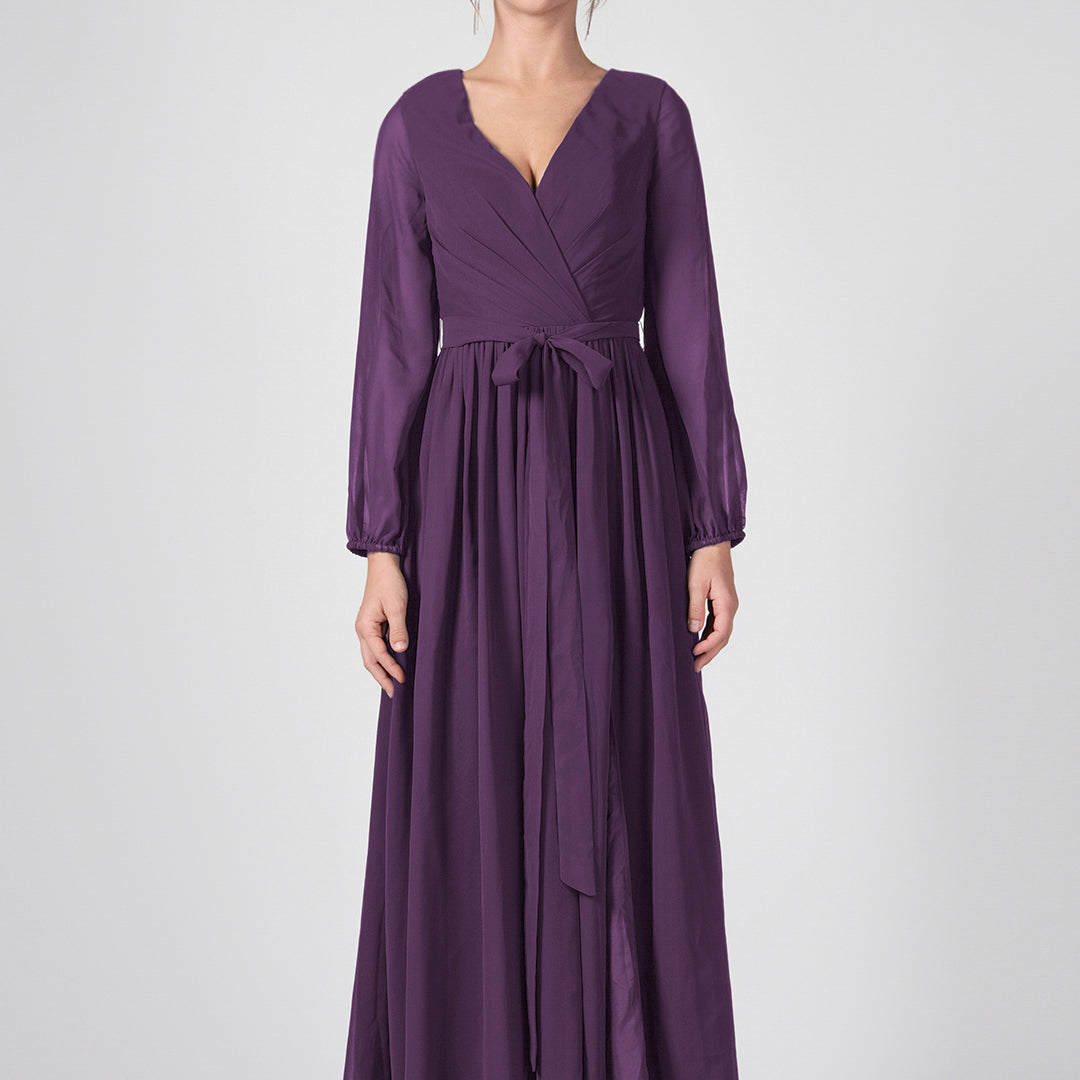 Ruched V-Neck Long Sleeve Split Maxi Dresses with Tie