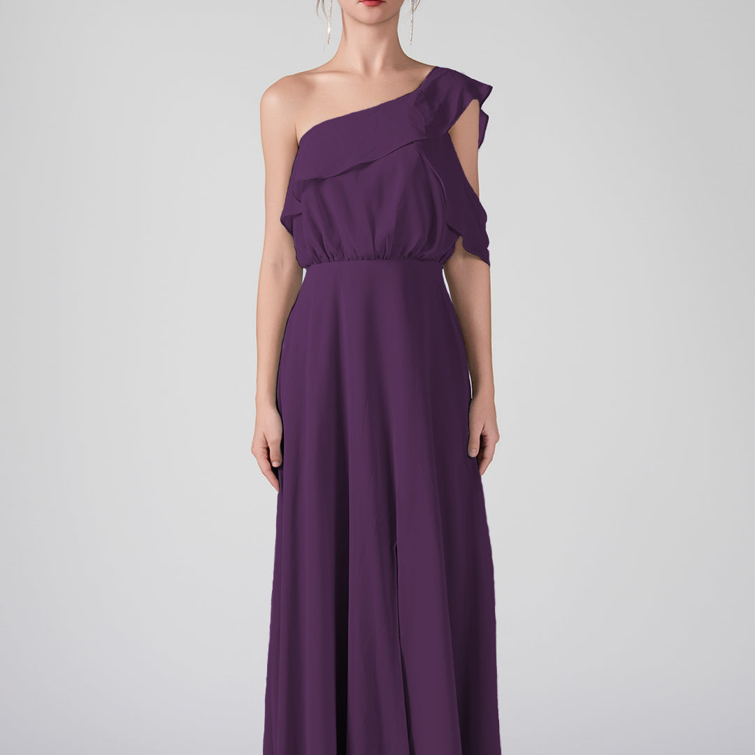 One Shoulder Ruffled Sleeves Front Split A-Line Maxi Dress
