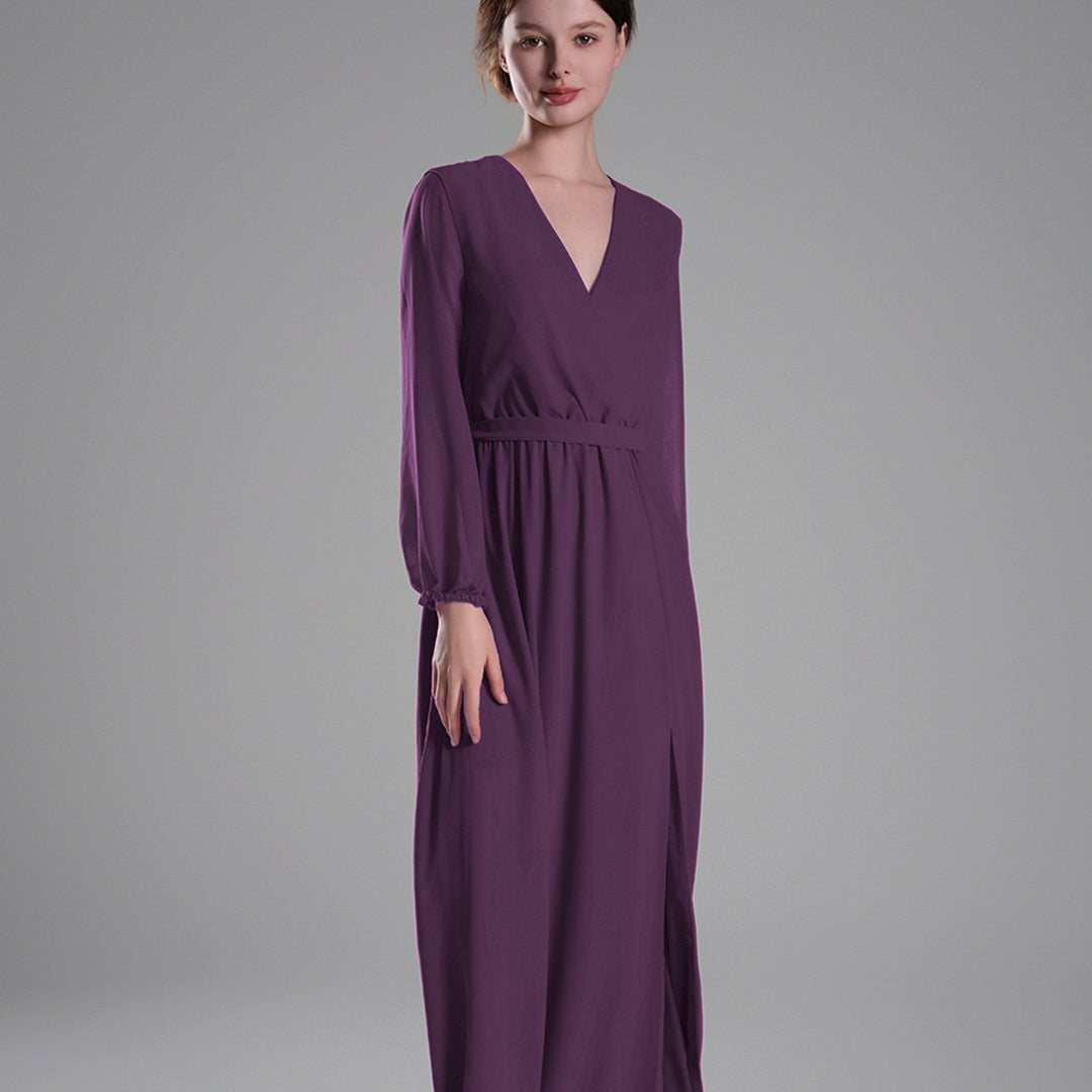V-Neck Elegant Long Sleeves Flared Slit Dresses