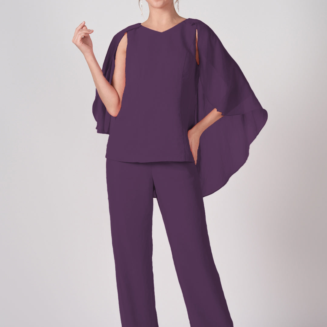2-Piece Mother of the Bride Chiffon Pant Suits with Cape