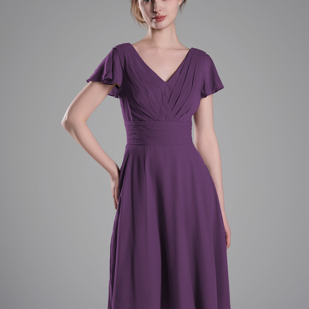 Flutter Sleeves Pleated V-Cut Back Mini Dresses