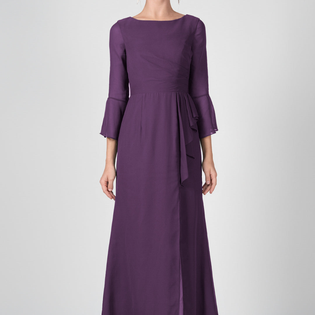 Bateau Neck Sheer Sleeve Split Maxi Dresses