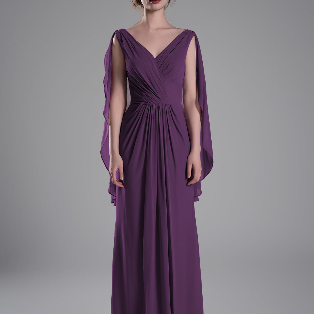 V-Neck Flowing Cape Sleeves Pleated Dress