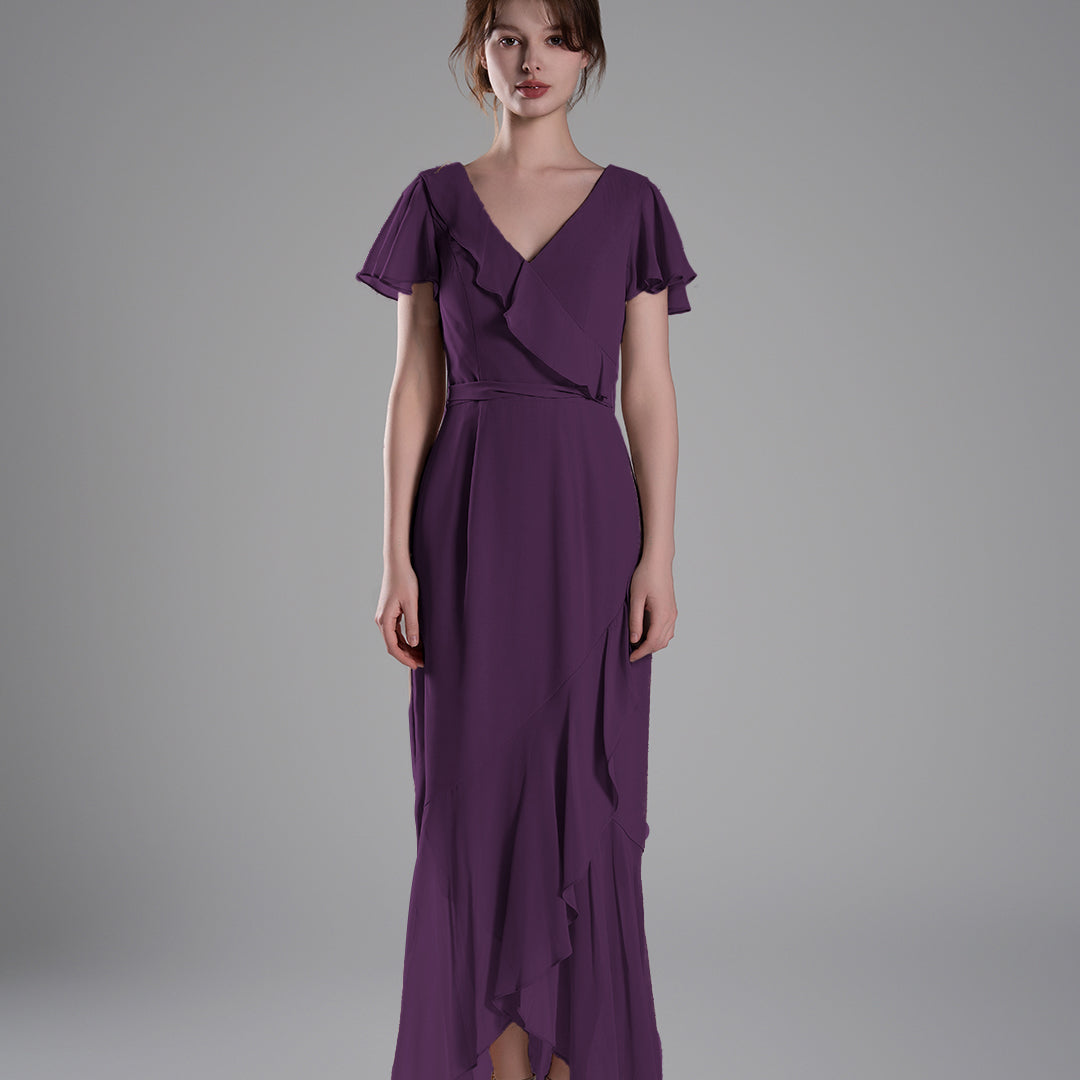 V-Neck Ruffled Detailing Pleated Patchwork Dresses