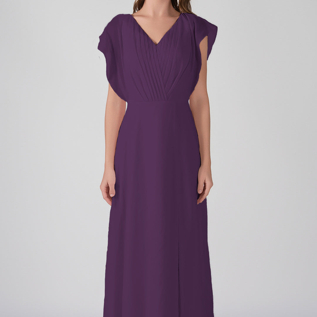 V-Neck Flutter Sleeves Pleats A-Line Maxi Dress