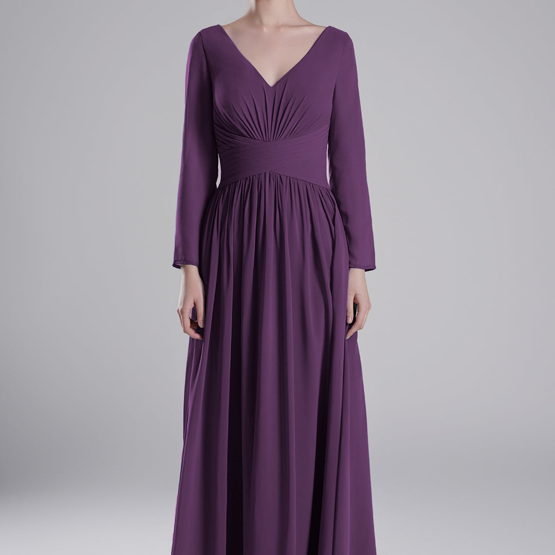 V-Neck Pleated Fitted Waist Flowing A-Line Dresses