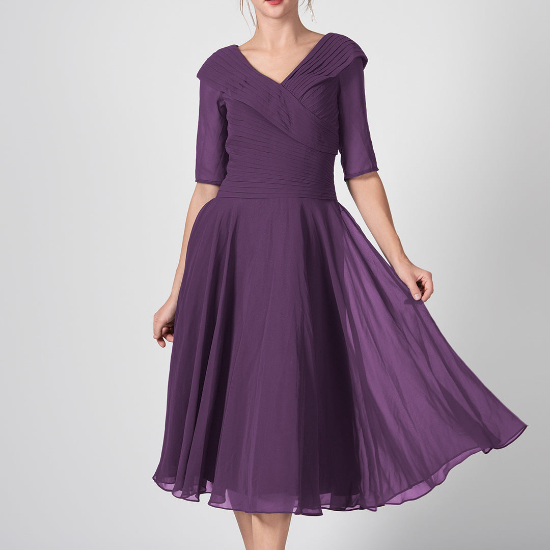 V-Neck Pleated A-Line Mother of the Bride Midi Dresses