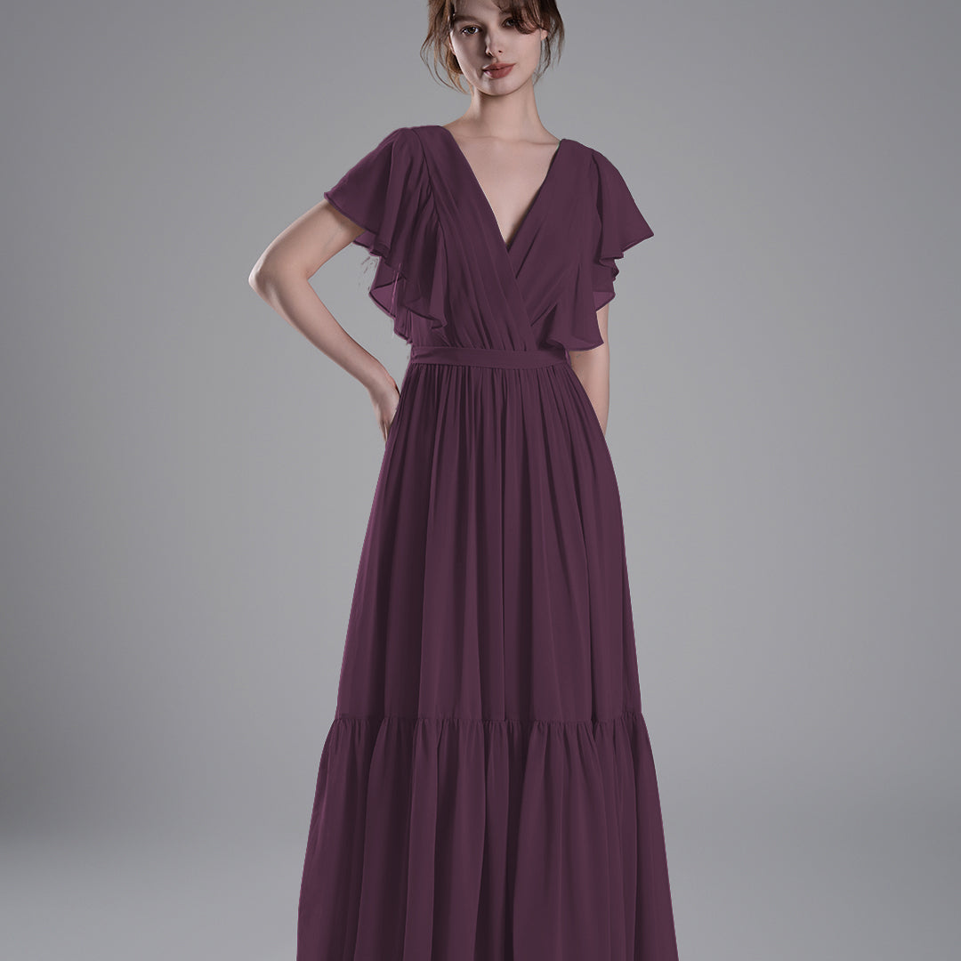 Elegant Ruffled V-Neck Chiffon Patchwork Maxi Dress