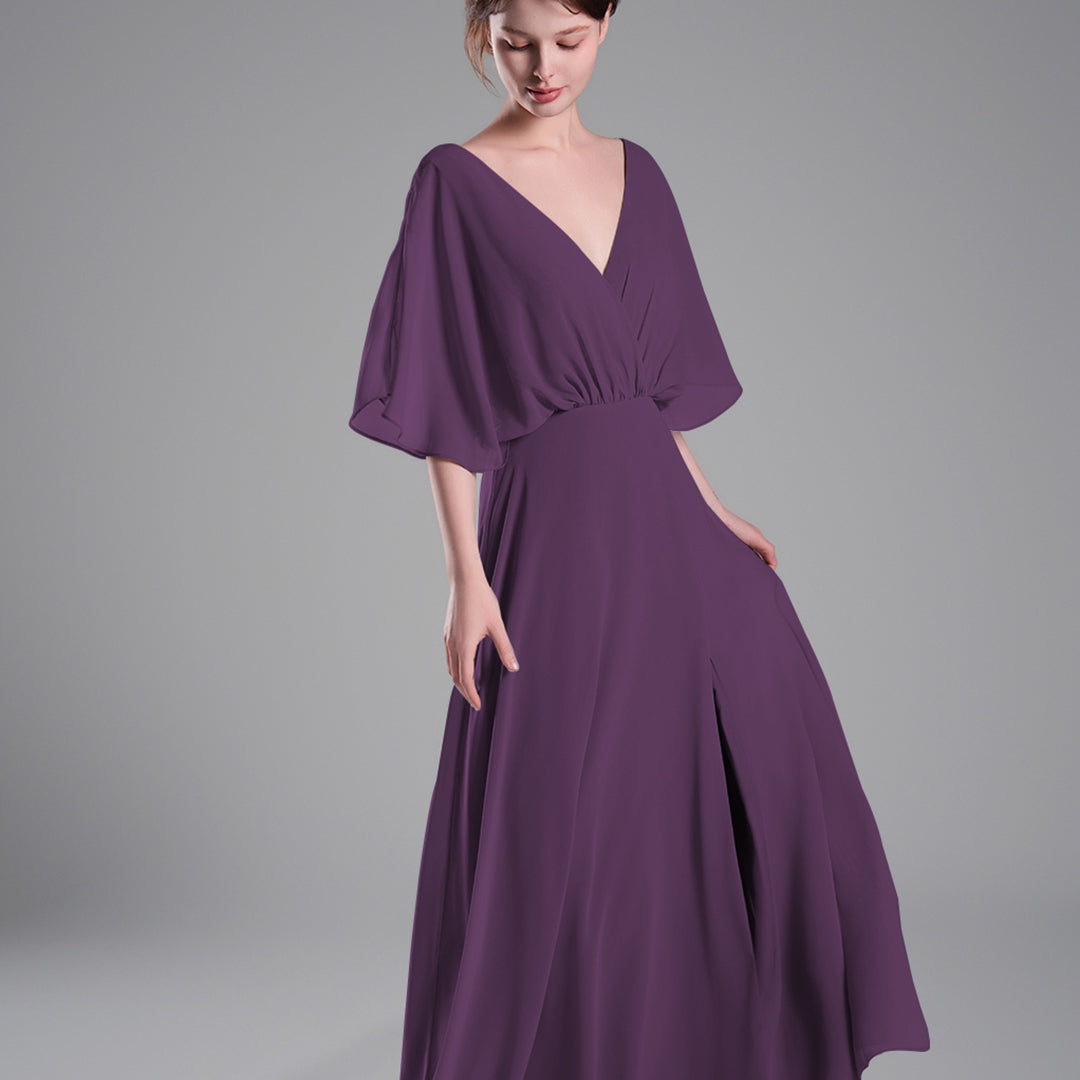 Draped Sleeves High Slit Backless Dresses