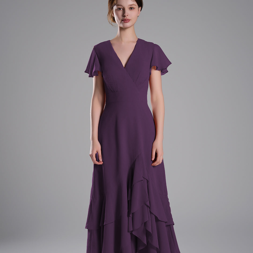 V-Neck Flutter Sleeves Asymmetrical Hemline Dresses