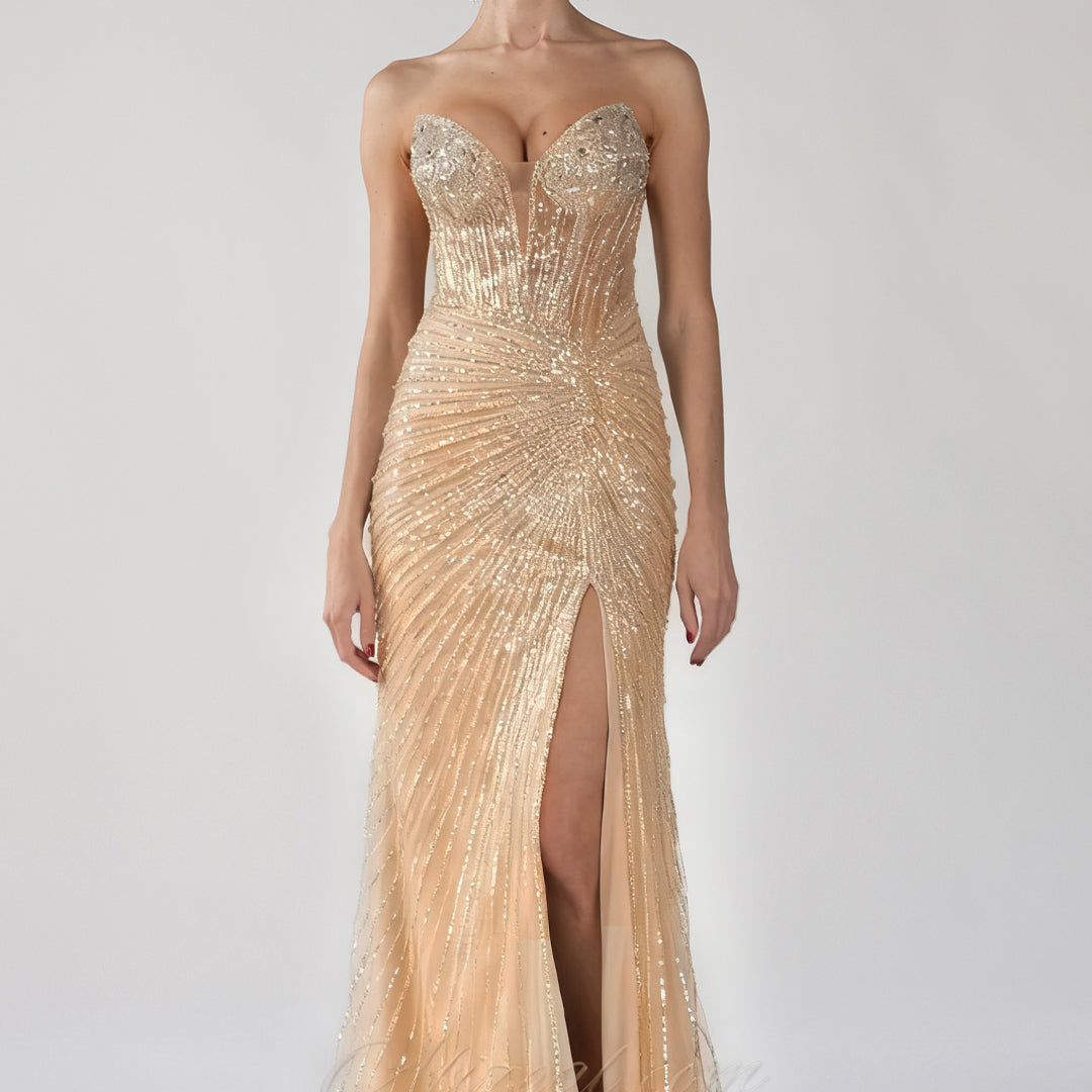 Sweetheart Neck Intricate Sequin Side Split Dresses