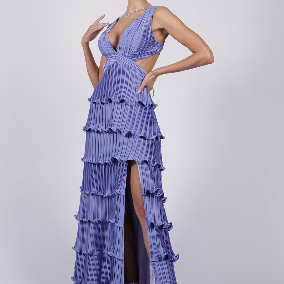 Wide Straps V-Neck Cutout Pleated Side Split Dresses
