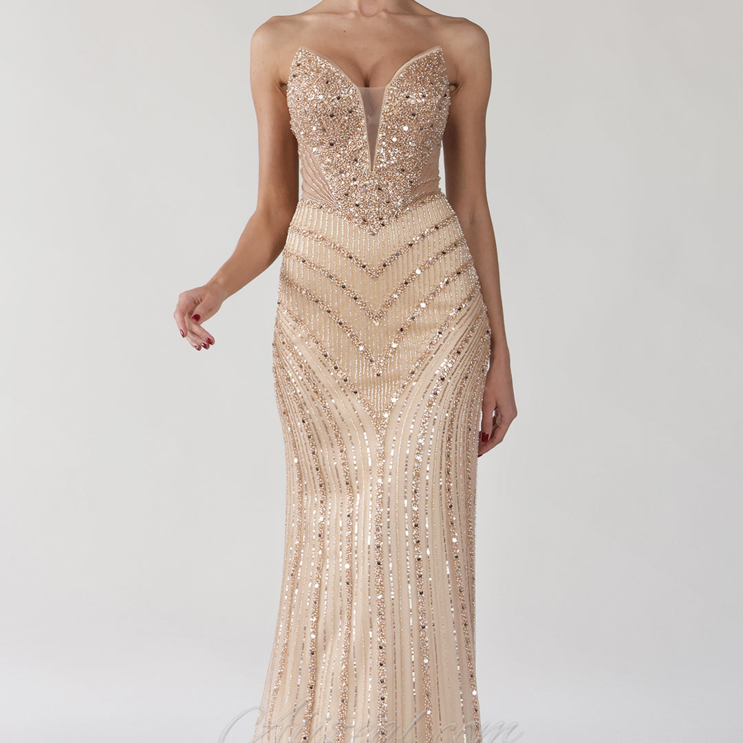 Beaded V-Neck Sequin Strapless Tulle Lace-up Dress