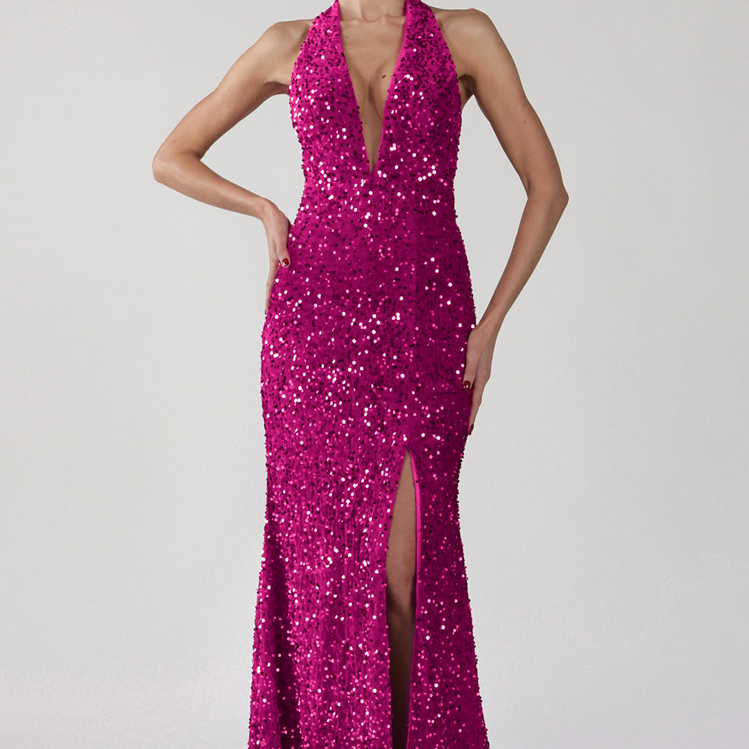 Halter Deep V-Neck Front Split Open Back Sparkling Dress