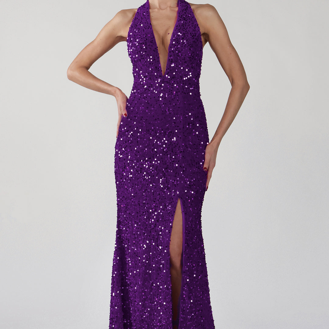 Halter Deep V-Neck Front Split Open Back Sparkling Dress