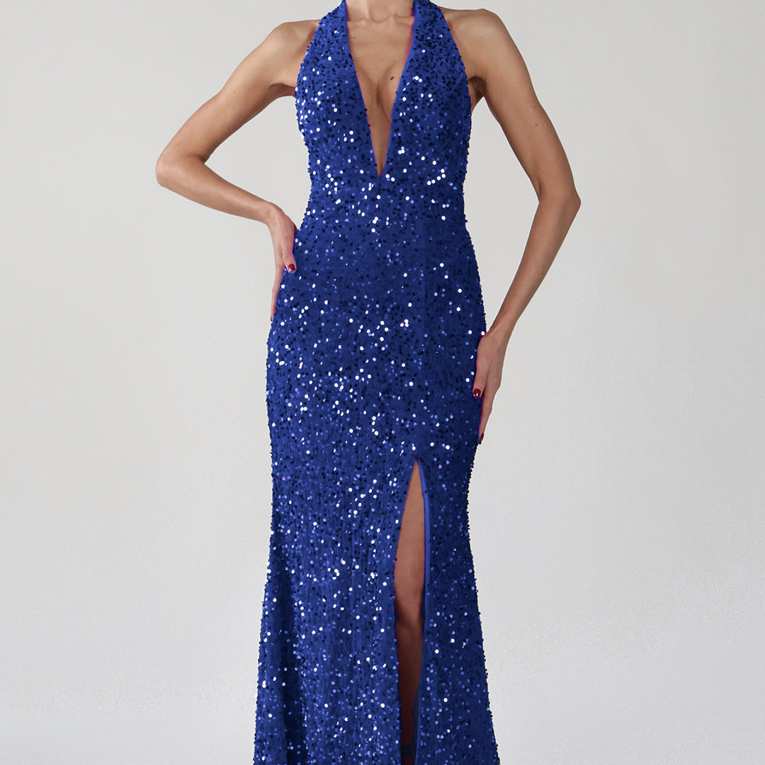 Halter Deep V-Neck Front Split Open Back Sparkling Dress