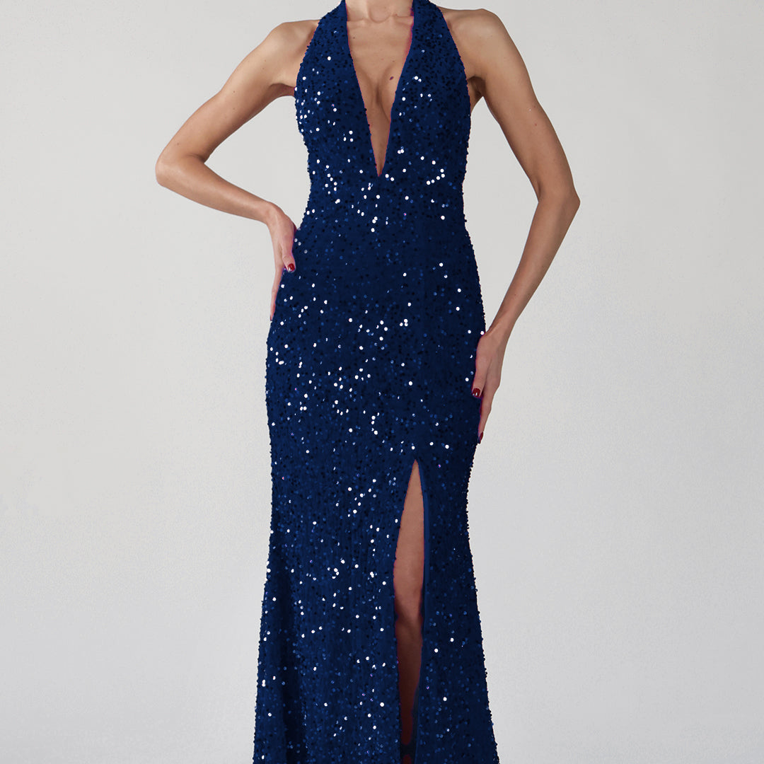 Halter Deep V-Neck Front Split Open Back Sparkling Dress
