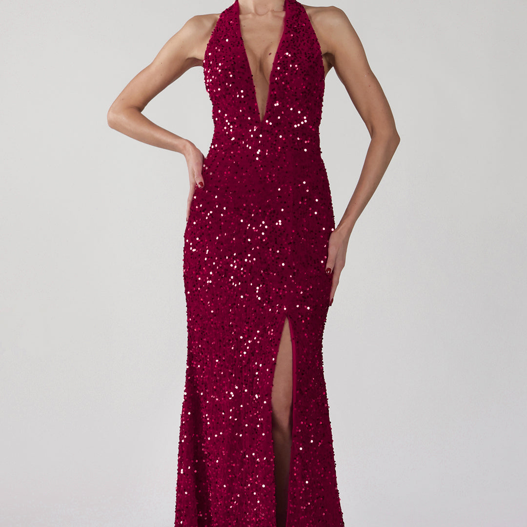 Halter Deep V-Neck Front Split Open Back Sparkling Dress