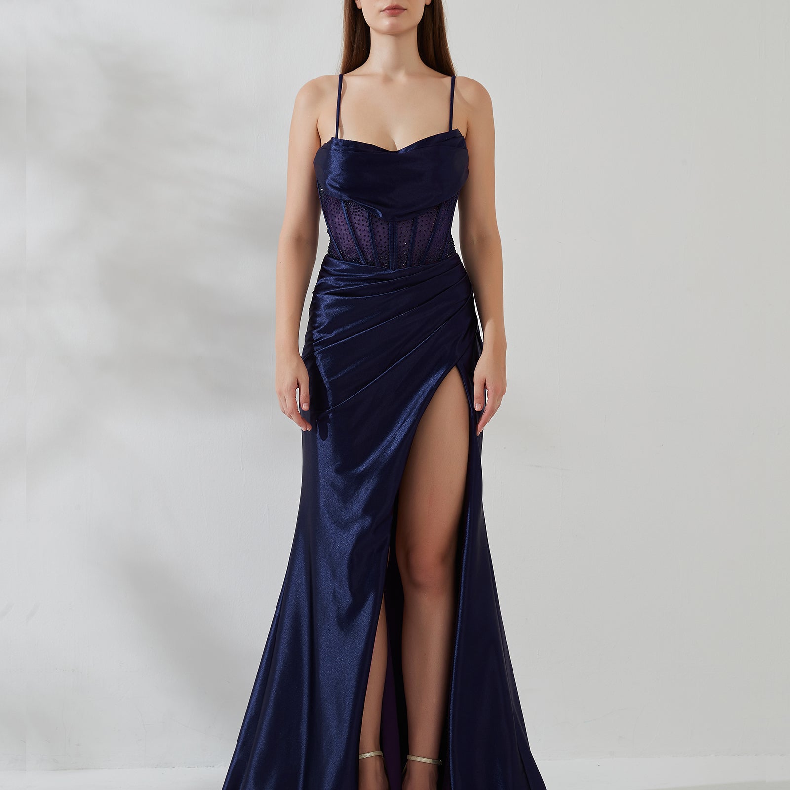 Spaghetti Strap Cowl Neck Pleated Sheer Boned Split Dress
