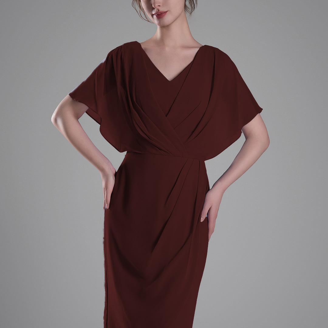 V-neck Pleated Cape Knee-length Dresses