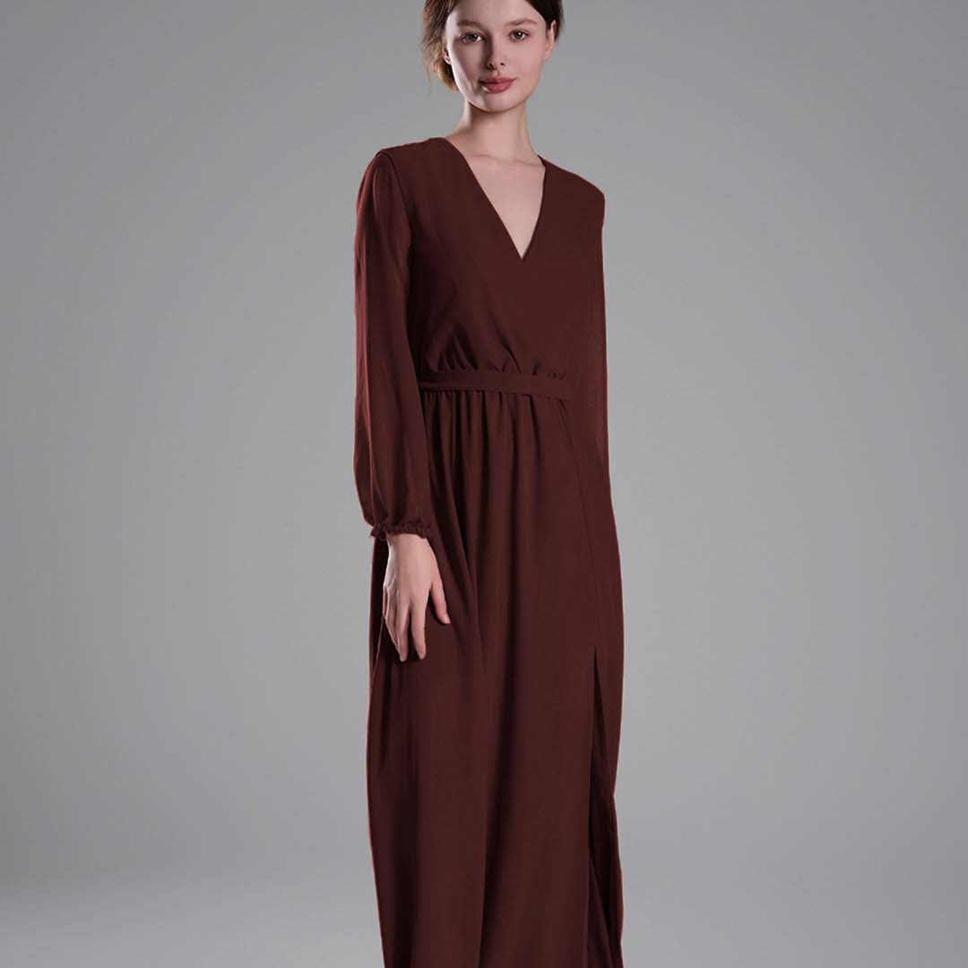 V-Neck Elegant Long Sleeves Flared Slit Dresses