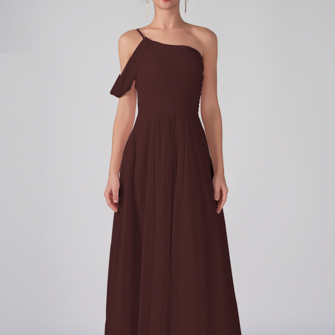 One Shoulder Off Shoulder Sleeve Ruched Bodice A-Line Maxi Dress