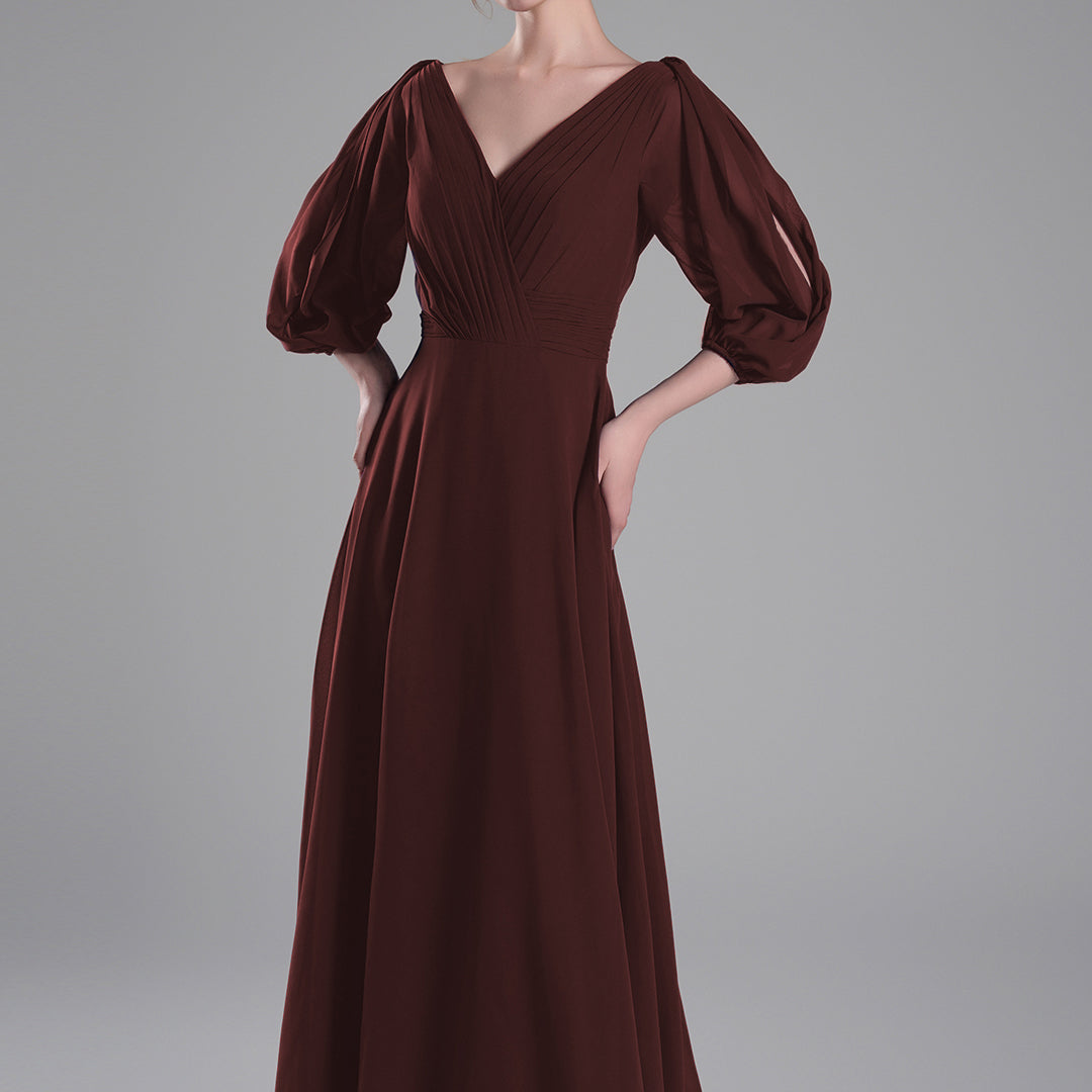 V-Neck Puffy Sleeves Pleated A-Line Dresses