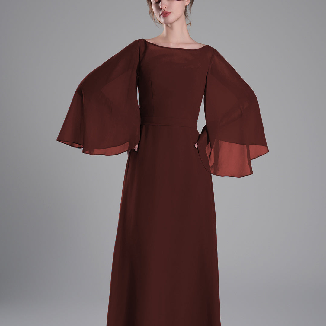Boat Neckline Bell Sleeves Floor-Length A-Line Dresses