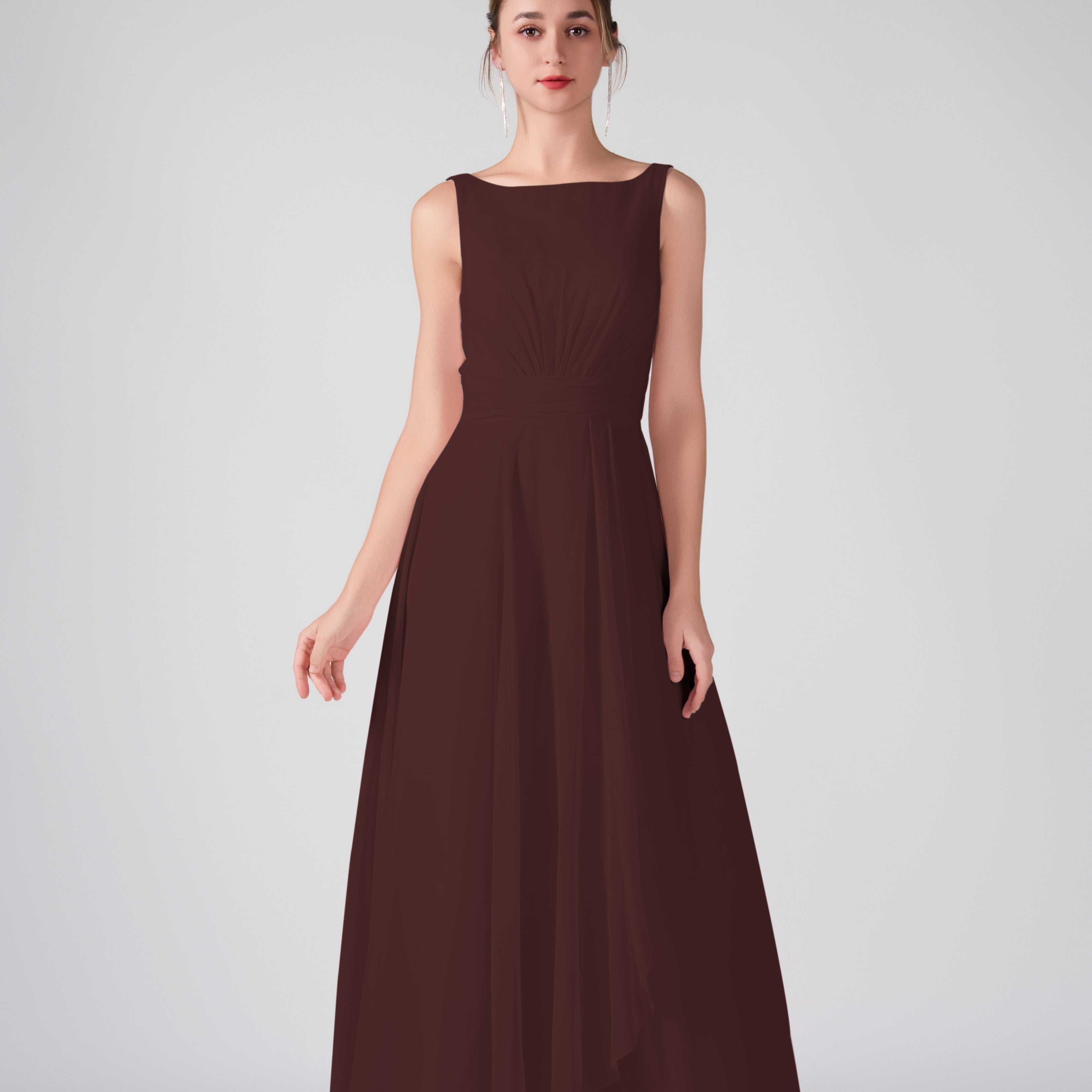 Bateau Neckline Sleeveless Ruched A-Line Maxi Dress