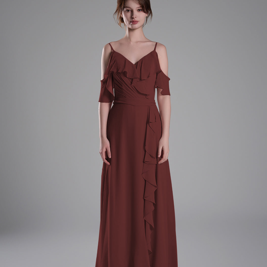 Adjustable Straps Ruffled Chiffon Long Dresses
