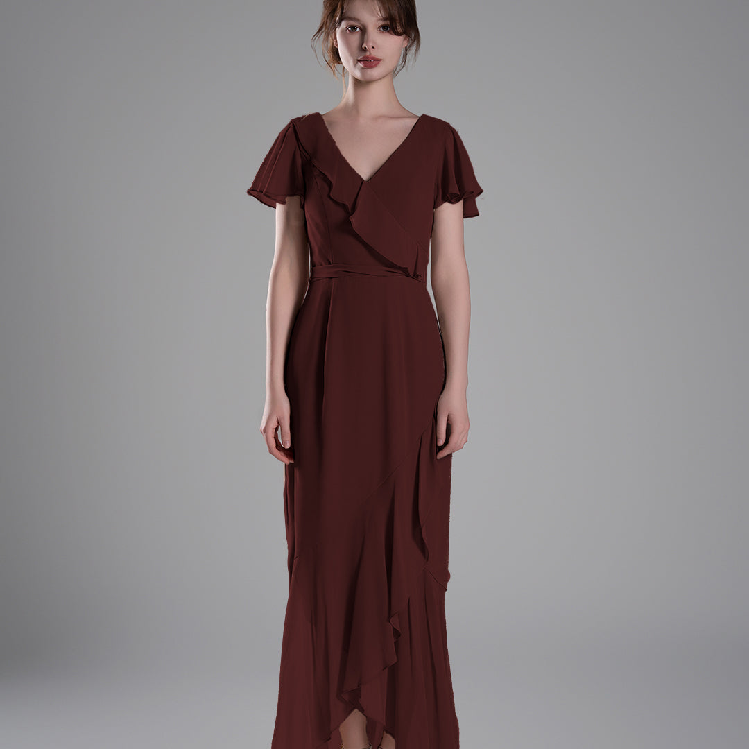 V-Neck Ruffled Detailing Pleated Patchwork Dresses