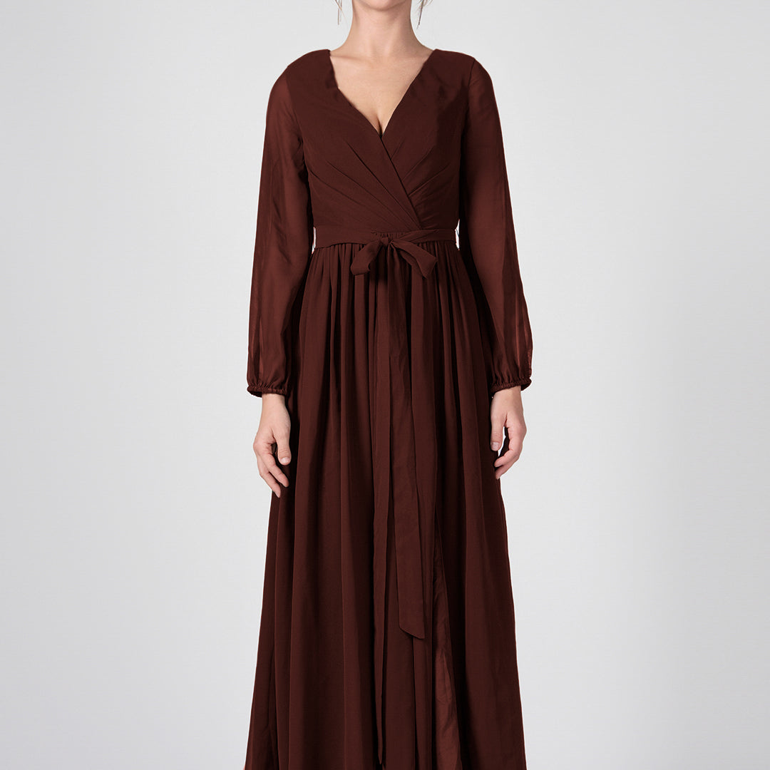 Ruched V-Neck Long Sleeve Split Maxi Dresses with Tie