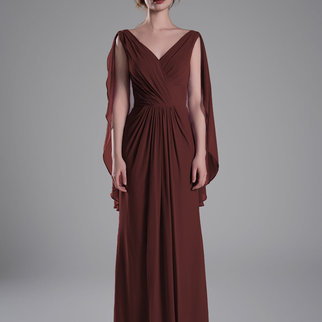 V-Neck Flowing Cape Sleeves Pleated Dress
