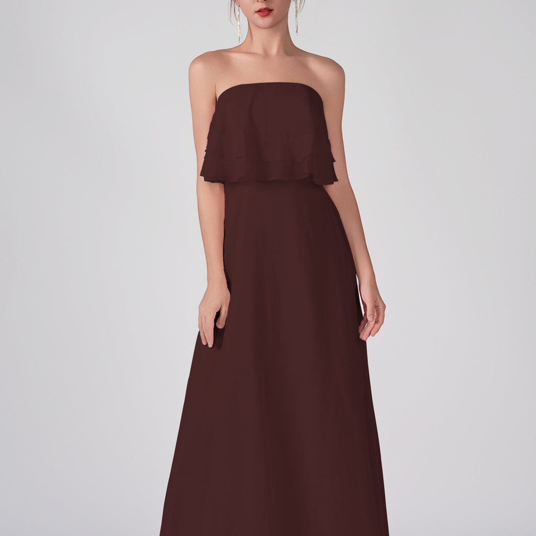 Robe trapèze en mousseline de soie sans bretelles à volants, longueur au sol