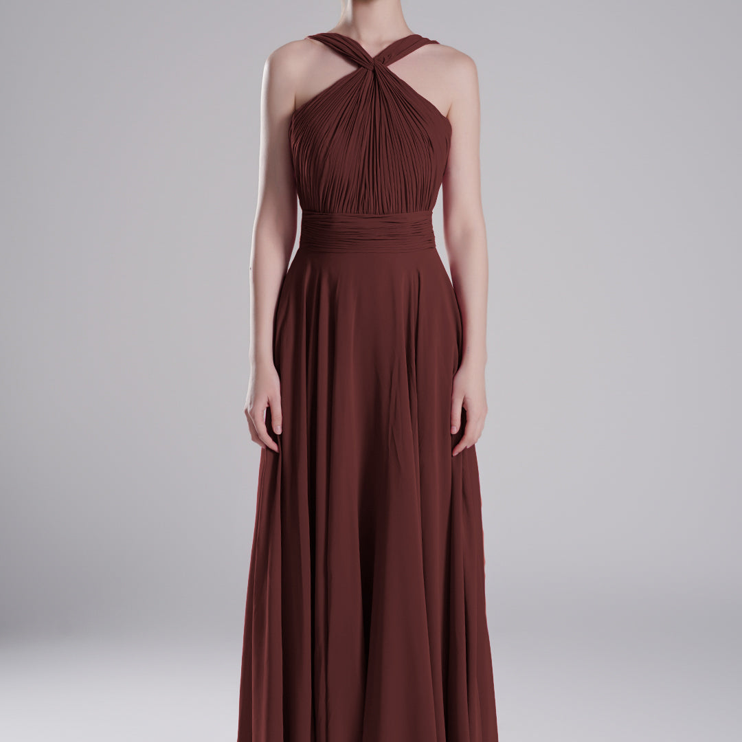 Halter Neck Cross Straps Pleated Waist A-Line Dresses
