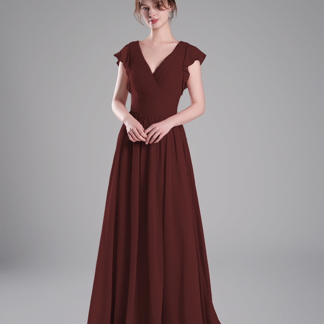 Flutter Sleeves Pleated Bodice Open Back Dresses