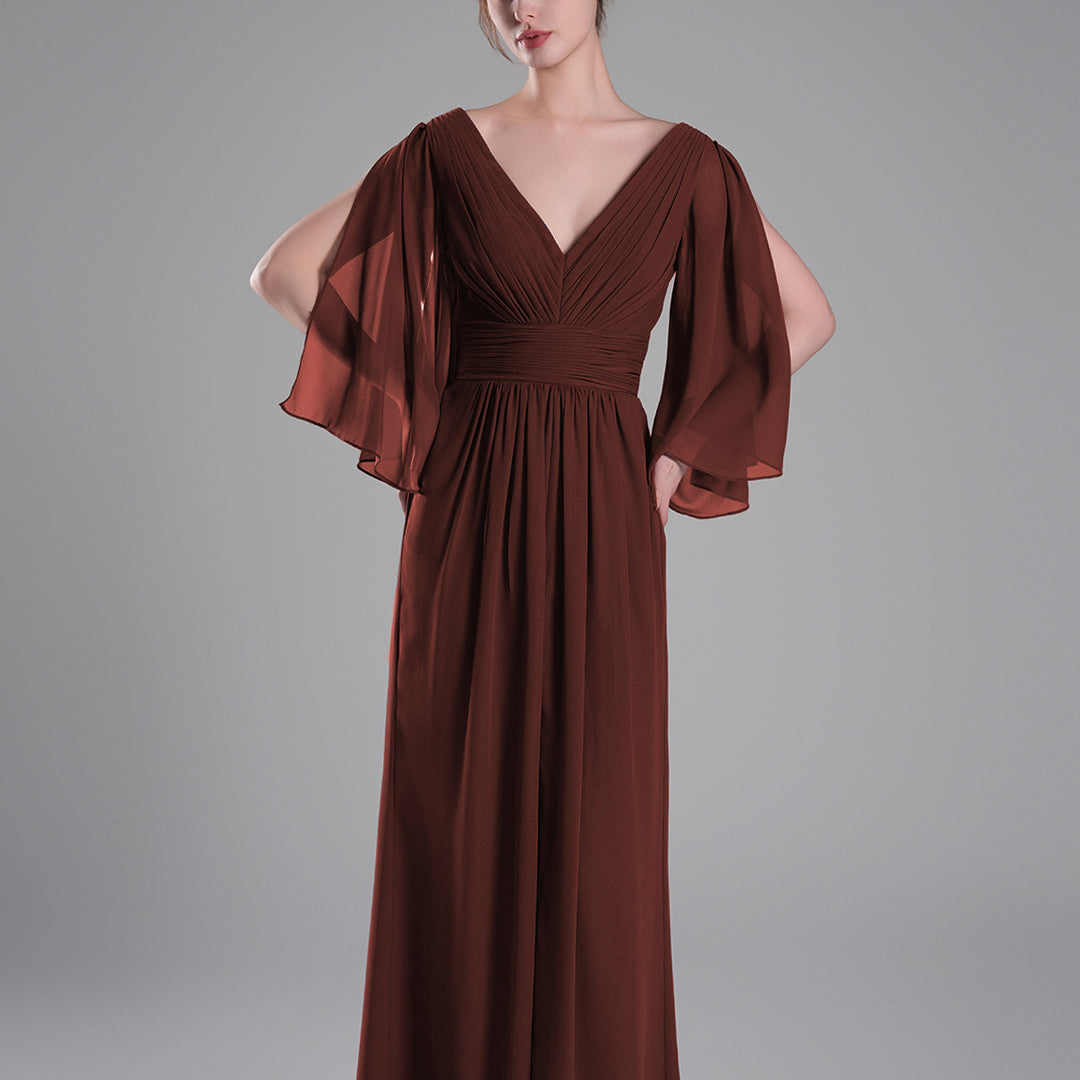 Flowing Chiffon Sleeves Ruched Waistline Slit Dresses