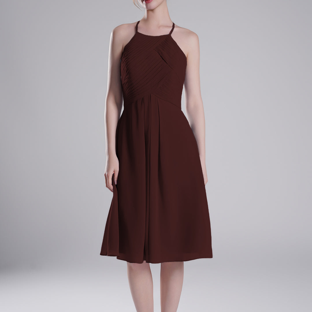 Halter Neckline Pleated Bodice Open Back Mini Dresses