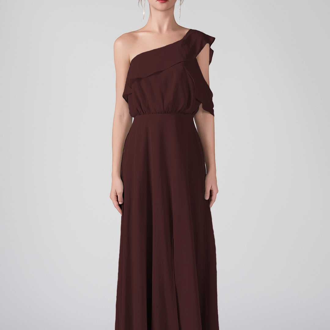 One Shoulder Ruffled Sleeves Front Split A-Line Maxi Dress