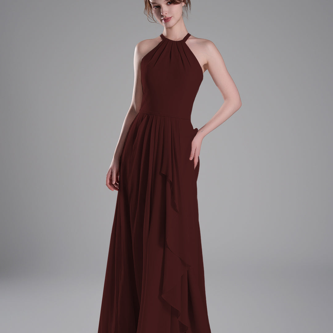 Halter Neckline Pleated Asymmetrical Ruffle Dresses