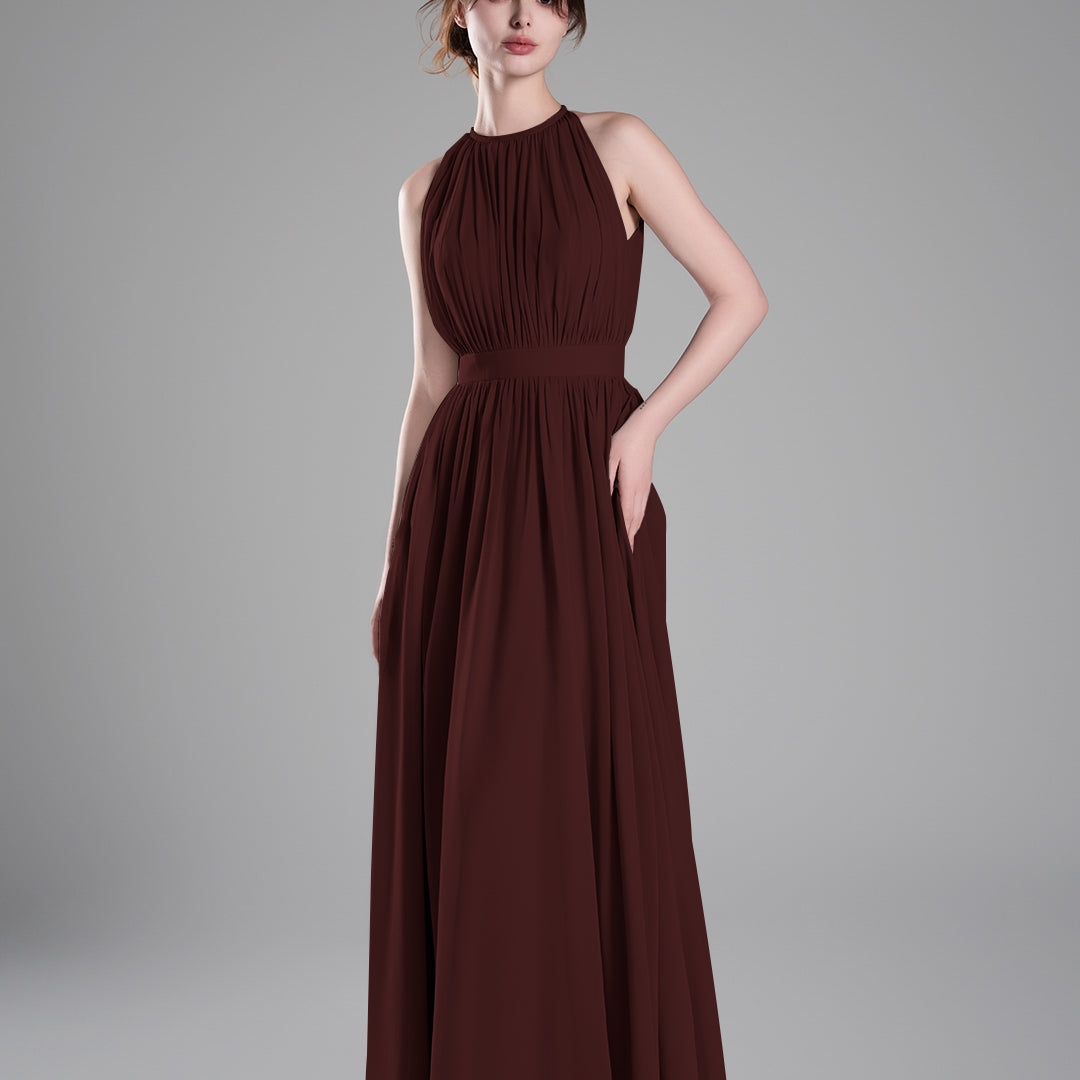 Halter Neckline Pleated Cinched Waist Dresses