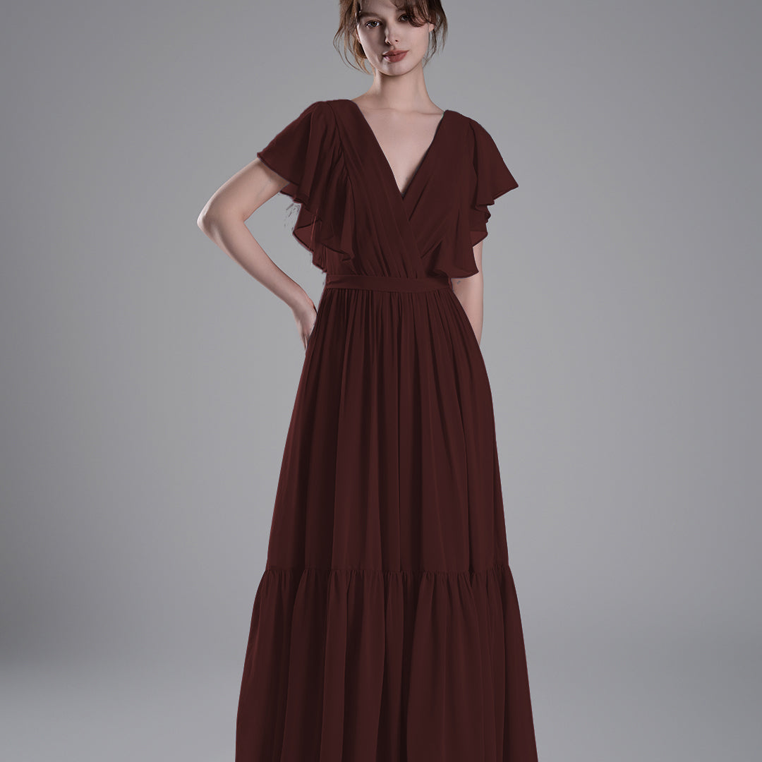 Elegant Ruffled V-Neck Chiffon Patchwork Maxi Dress