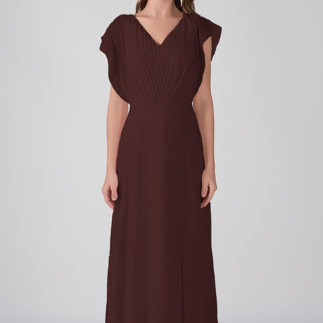 V-Neck Flutter Sleeves Pleats A-Line Maxi Dress