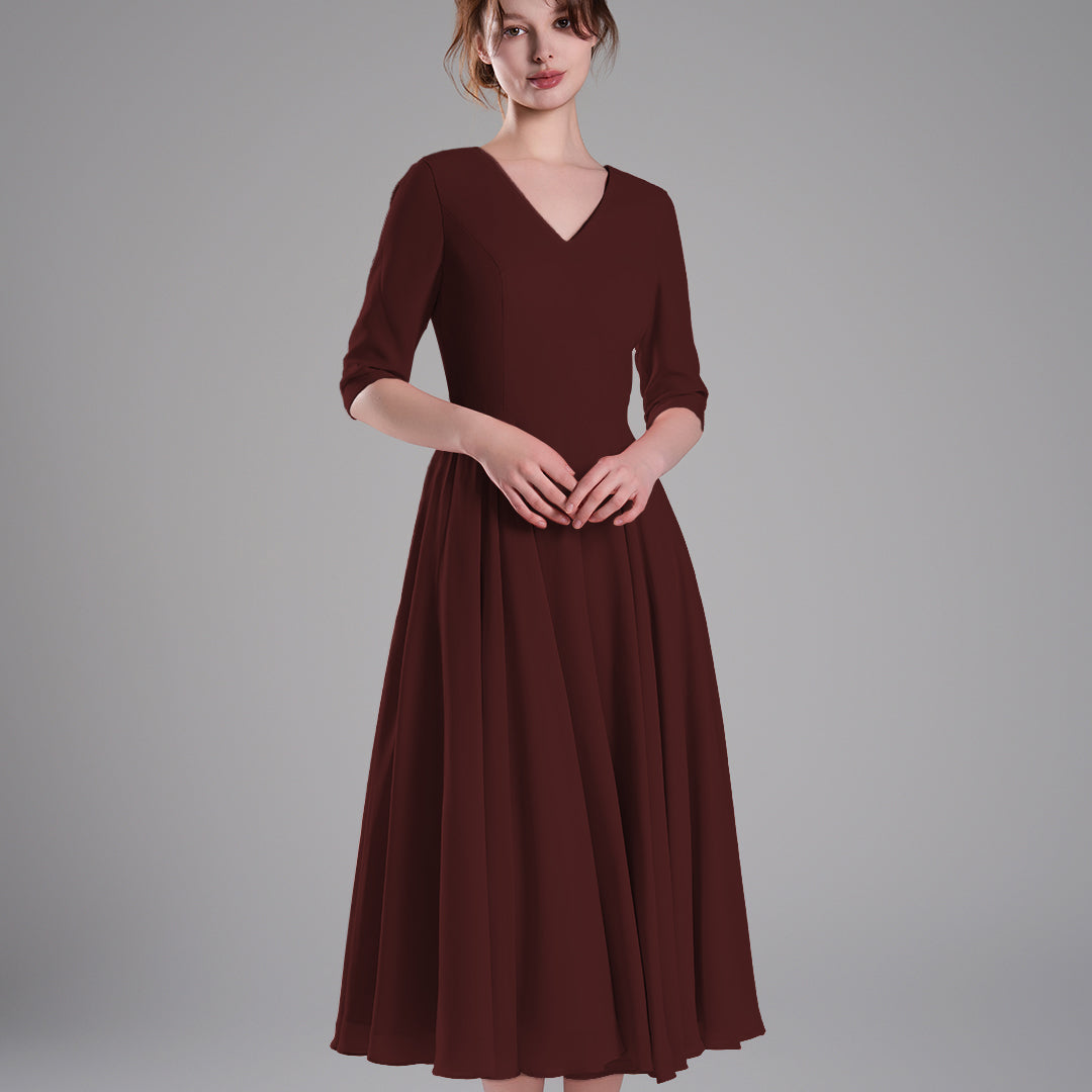 Elegant Chiffon Midi Dress with 3/4 Sleeves