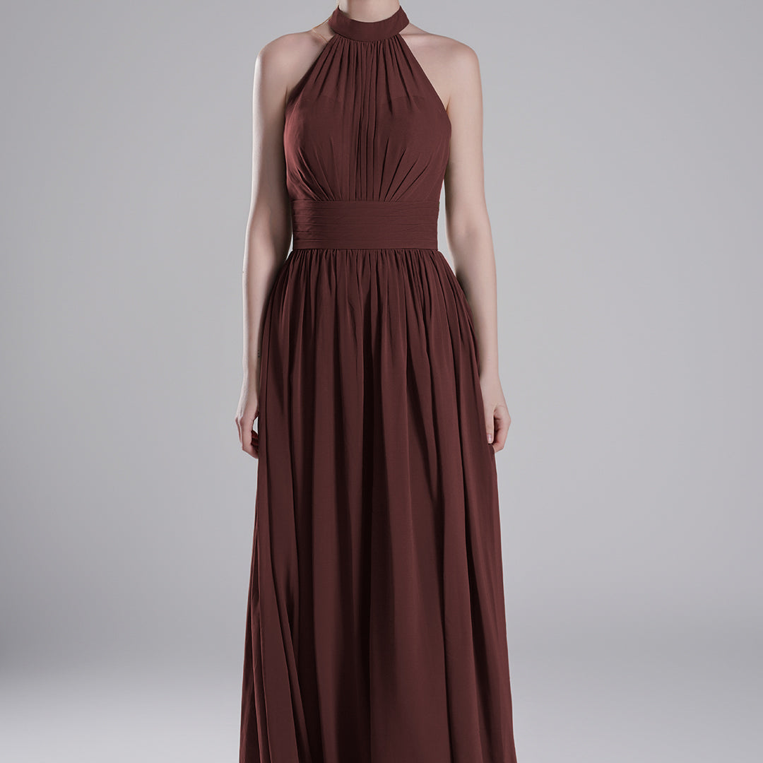 Halter Neckline Pleated Bodice Open Back A-Line Dresses